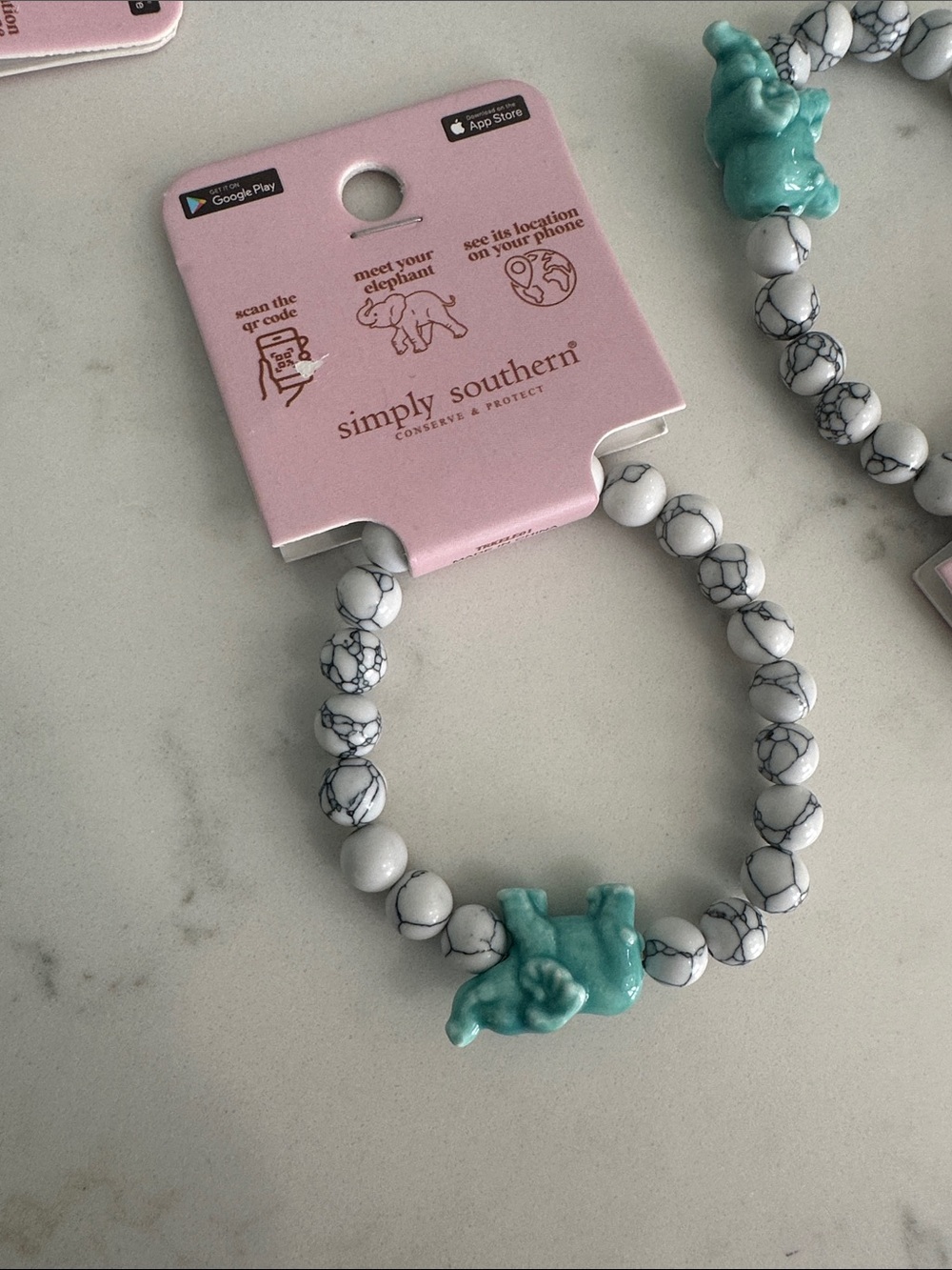 Simply Southern Marble Bead Bracelet with Teal Elephant QR code to track animal